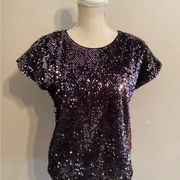 Jennifer Lopez Sequin Short Sleeve Top - Dark Purple - Picture 1 of 3